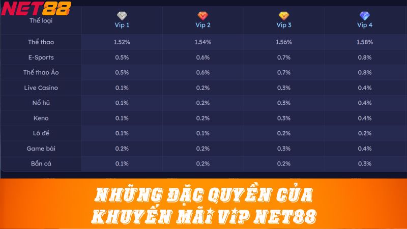 Những đặc quyền của khuyến mãi VIP Net88